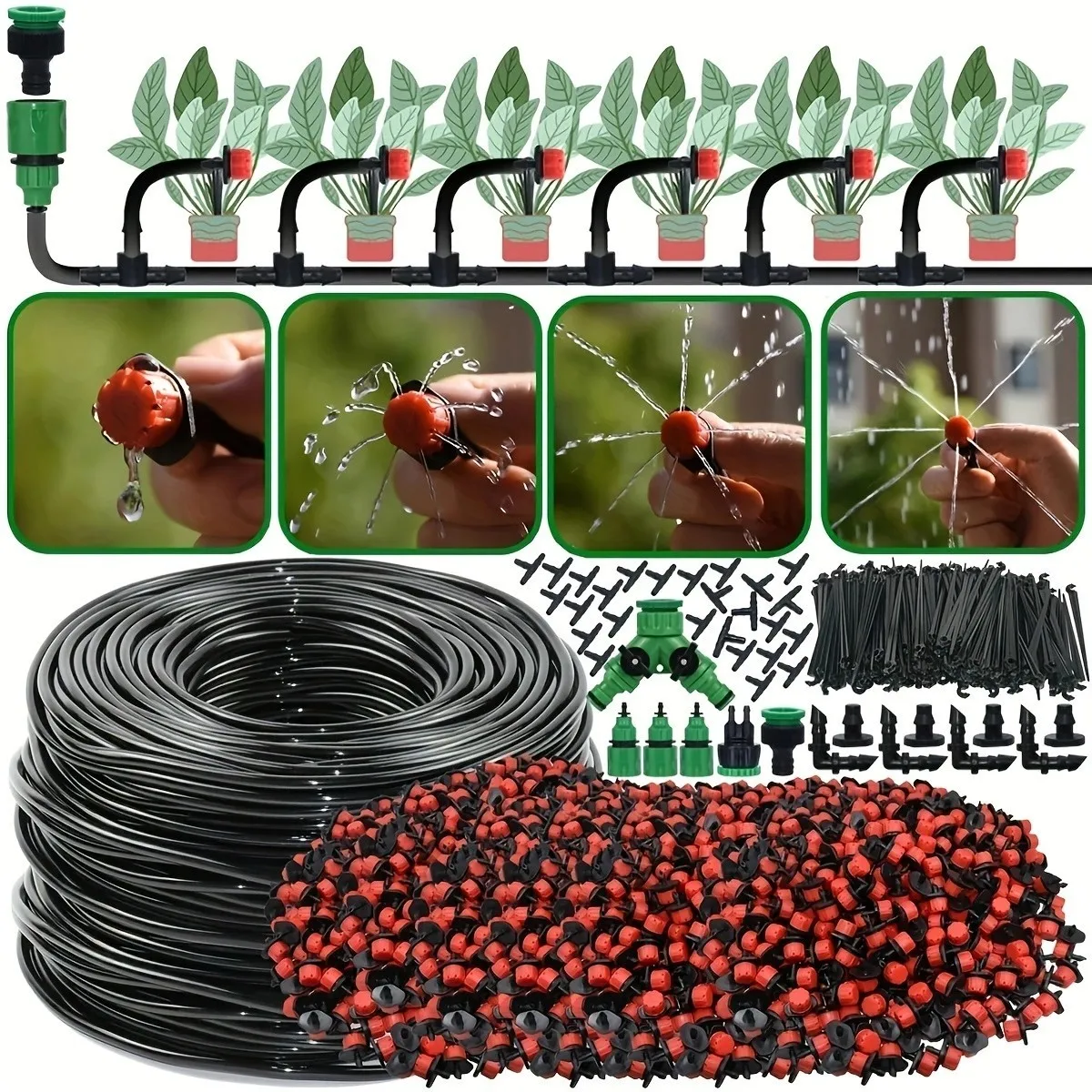 Garden drip irrigation automatic watering system kit, suitable for 1/4 inch nozzles in potted plants, lawn greenhouses