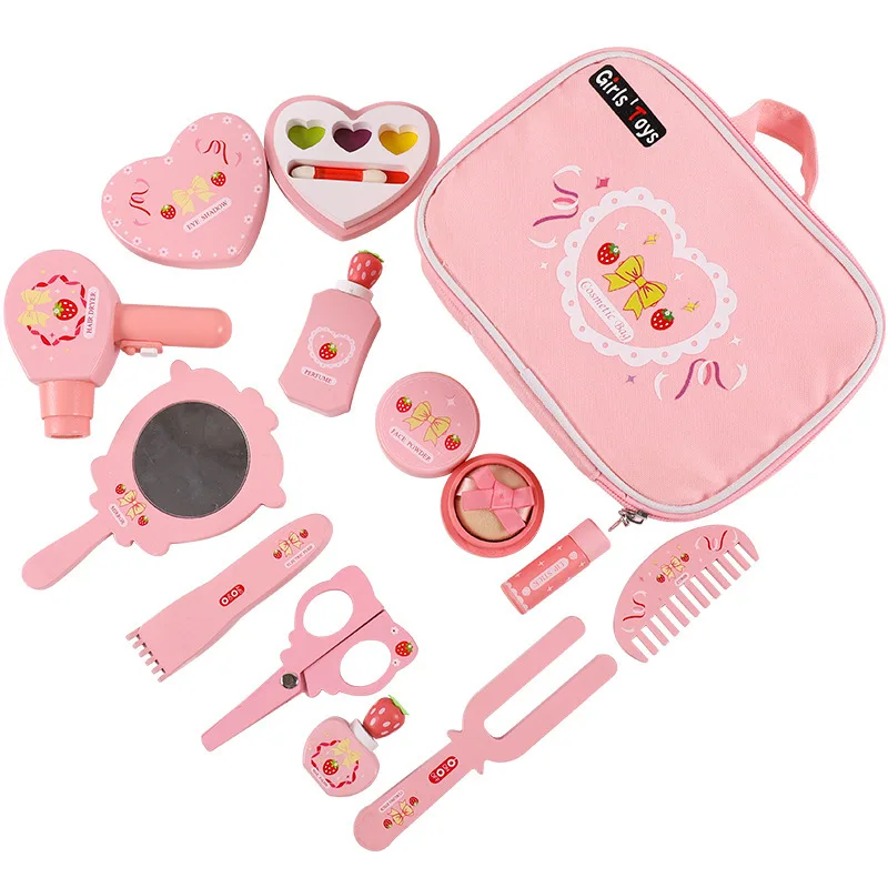 2024 cute pink wood cosmetics bag pretend play make up makeup set case box toy for girls
