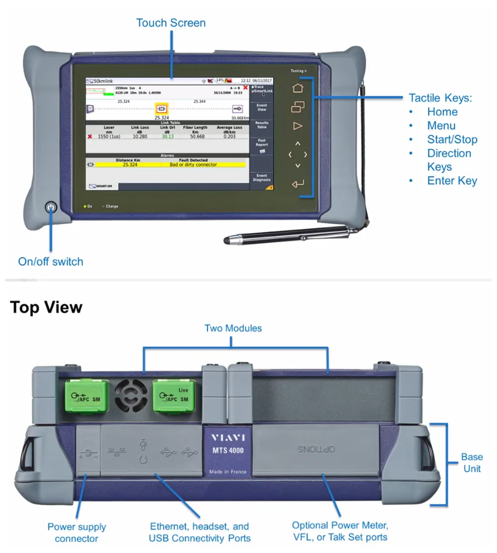 9 inch Touchscreen JDSU VIAVI MTS 4000 V2 OTDR Machine  E4136C  46/45/45dB 1310/1550/1625nm Fiber Optic OTDR