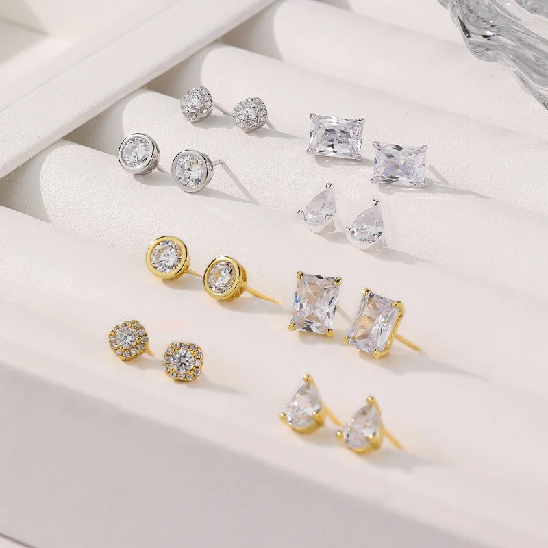 Elegant Trendy 925 Sterling Silver Zircon Diamond Water Drop Round Square Fancy Stud Earrings for Girls Women
