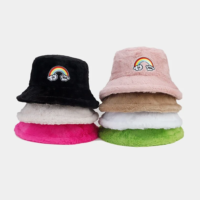 Autumn and winter outdoor fashion rainbow label plush warm bucket hat fluffy women fisherman hat