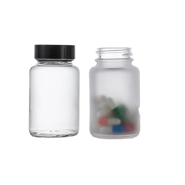 Frost Transparent Capsules Packaging wide mouth Glass Bottle with black cap 30cc 40cc 50cc 60cc 80cc 100cc 120cc etc