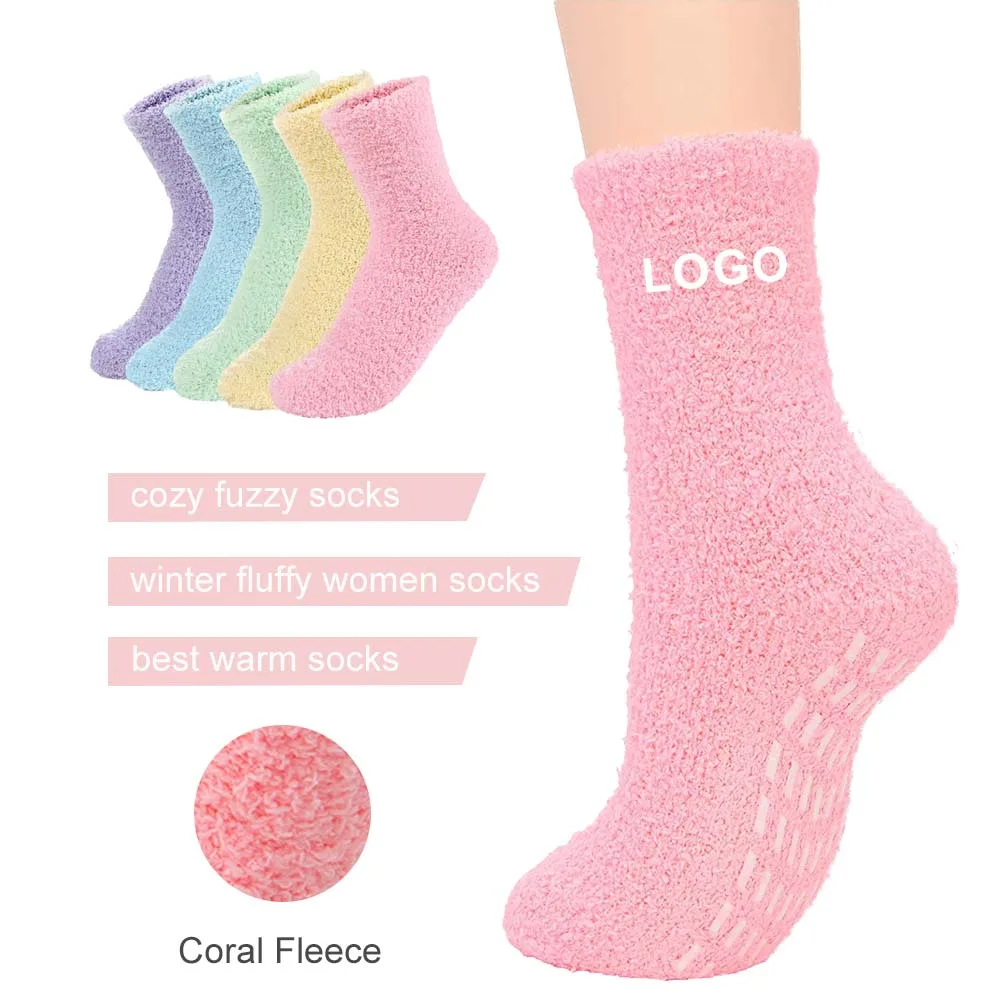Custom Logo Jacquard Embroidered Cute Customized Crew Thick Warm Sleeping Bed Fuzzy Women Custom Winter Fluffy Socks Woman