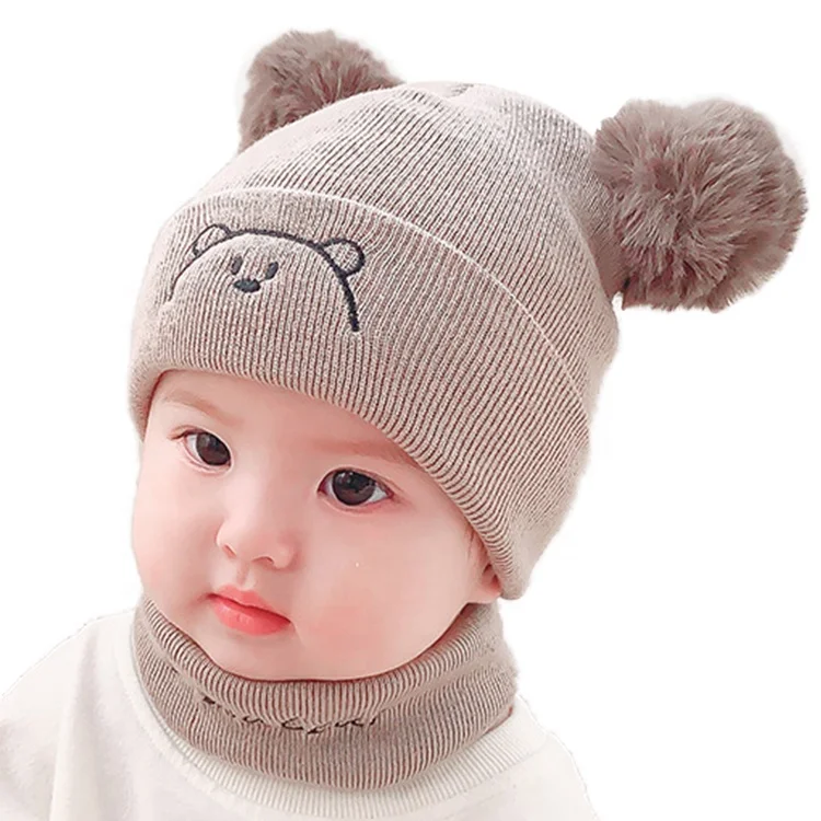 Милая вязаная детская шапка бини с двумя пушистыми шариками зимняя теплая шапка и шарф Детские шапки бини