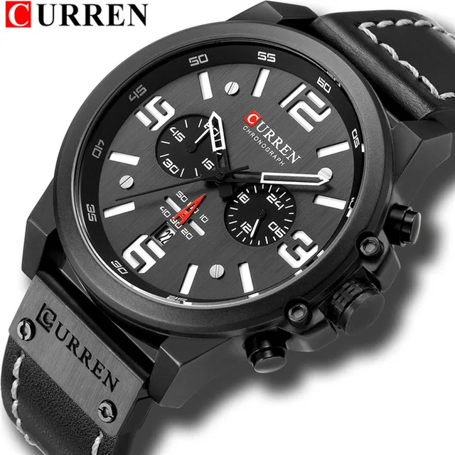 Роскошные спортивные мужские кварцевые часы Curren 8314 функциональные водонепроницаемые стильные фирменные наручные с кожаным