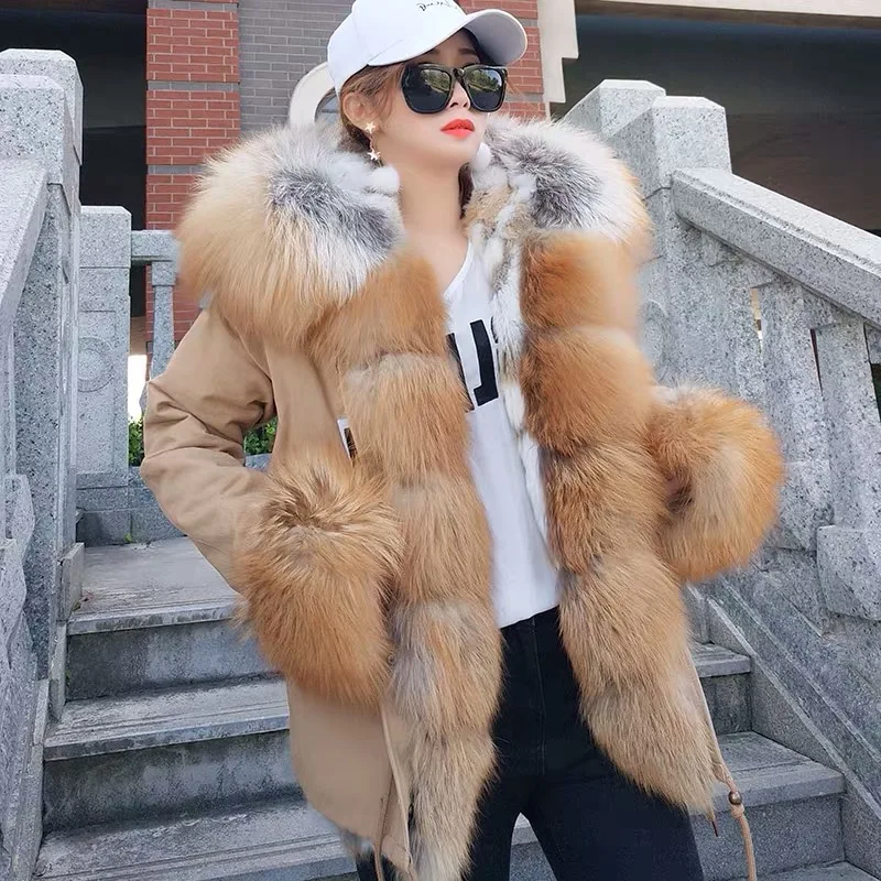 Fashionable Fox Fur Parka Woman Rabbit Fur Liner Winter Warm Real Fur Hood Parka