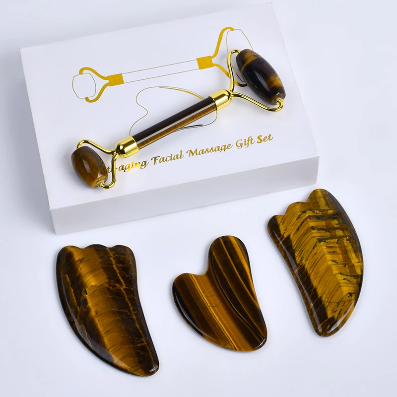 Natural Tiger Eye Gua Sha Set Wholesale Facial Massage Jade Roller And Gua Sha Tool Fast Delivery Face Roller Guasha Set