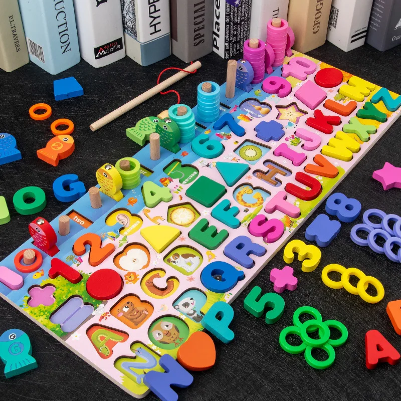 Wholesale Montessori Educational Mathematics Smart Games fishing Sensory Toys Geometric Shapes wooden baby toy