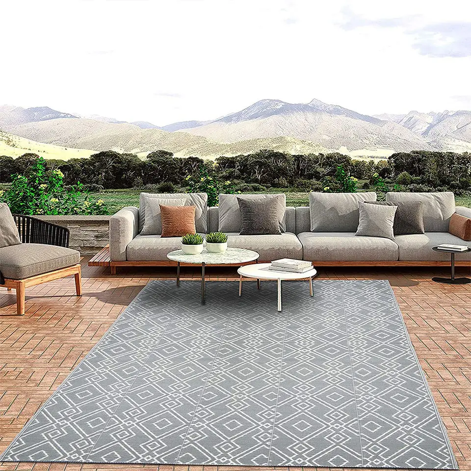 Reversible foldable waterproof polypropylene outdoor rv patio mat Patio Rugs And Carpets flat weave tent mat rug