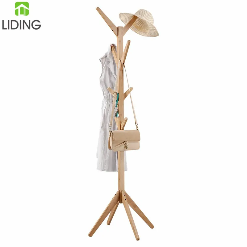 Bamboo Standing Coat Rack, Wood Coat Tree with 8 Hooks Hat Hanger