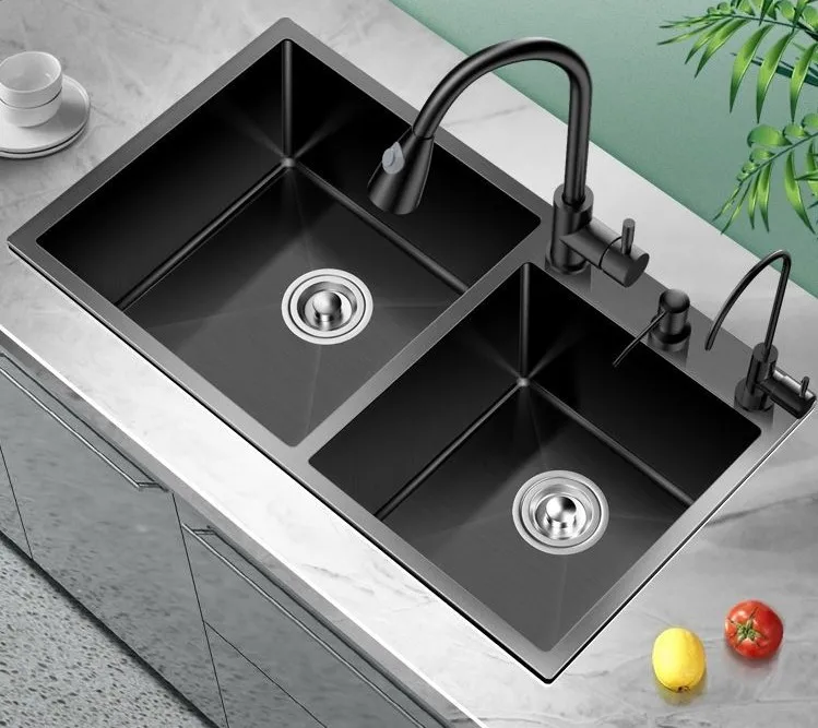 Wholesale Farmhouse Kitchen Mixer Tap Double Bowl Rectangular Stainless Steel Sink Golden Black Hot Cold Water Tap Undermount