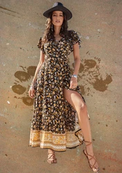 Casual Floral Print Bohemian Dresses Women Sexy A-Line Boho Long Dress Picnic Vacation Sunny Beach Chiffon Maxi Dresses