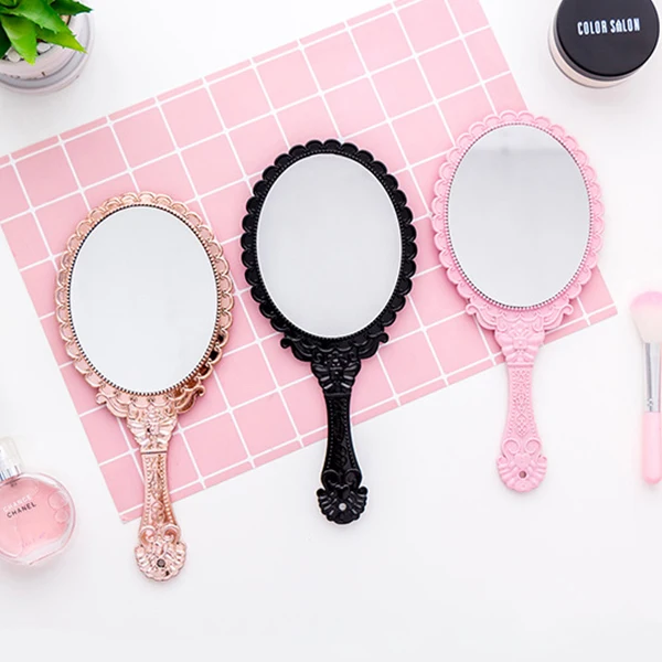 Classic Vintage Single Side Handle Mirror Plastic Lace Oval Shape Princess Gift Makeup Mirror Beauty salon Mirrors