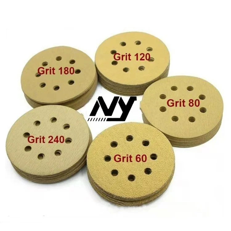 
 Наждачная бумага желтого золота на заказ, 2/5/6/7 дюйма, 8 отверстий, быстрая замена, шлифовальный абразивный шлифовальный диск с крючком и петлей  