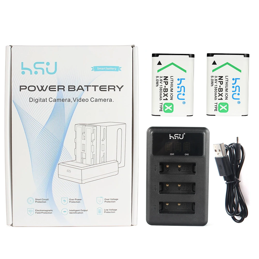 HSU 2 Pack Replacement NP-BX1 Battery with Smart LCD Display Dual USB Charger NP-BX1 NP BX1 For So ny DSC-RX1 HDR-AS10