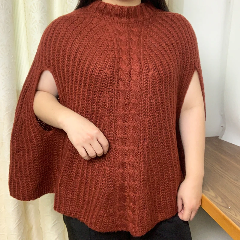 Wholesale winter women knit oversize plaid rib sleeveless crewneck crochet poncho sweater