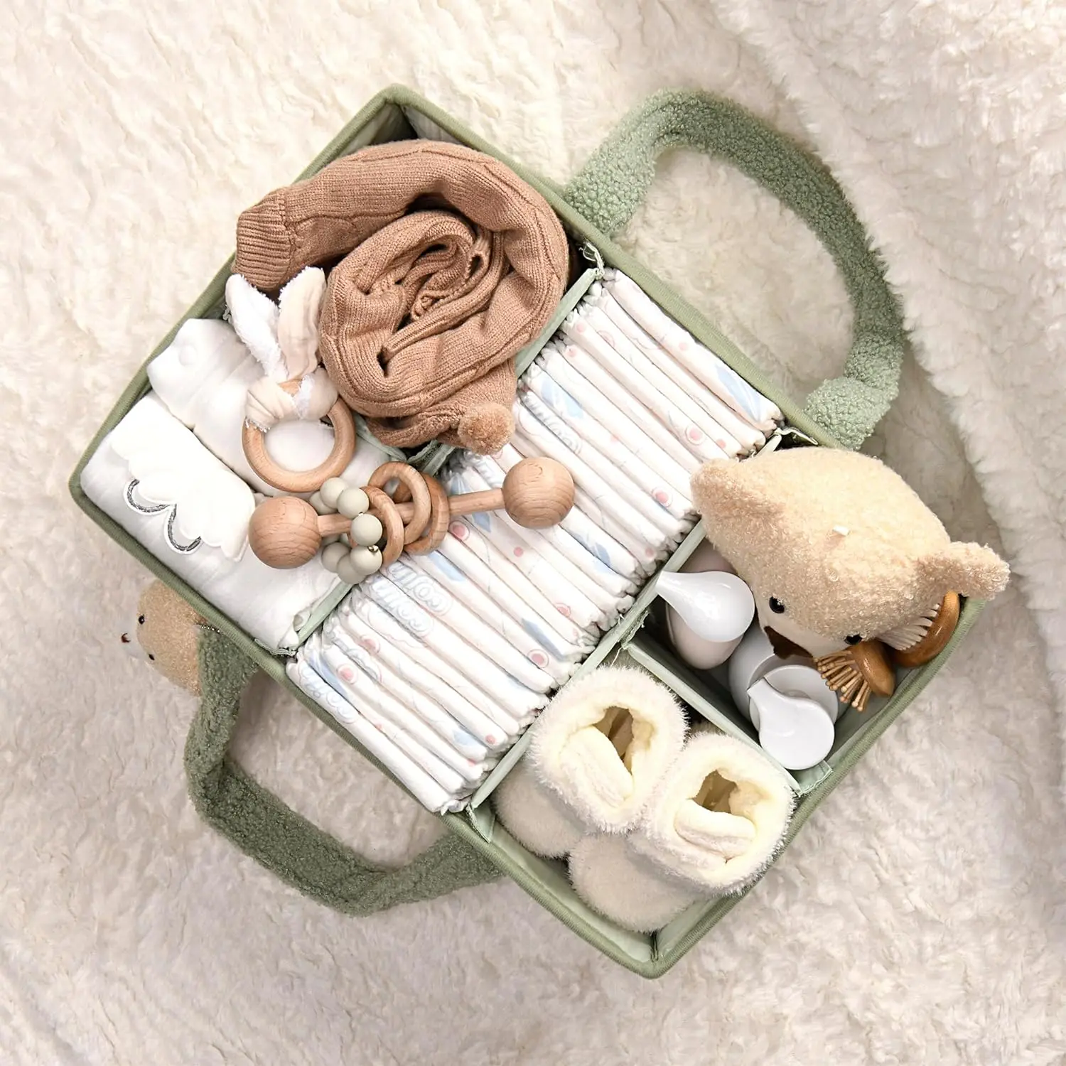 Portable Baby Nursery Diaper Caddy Organizer for Changing Table Teddy Baby Storage Basket for Diapers and Baby Wipes