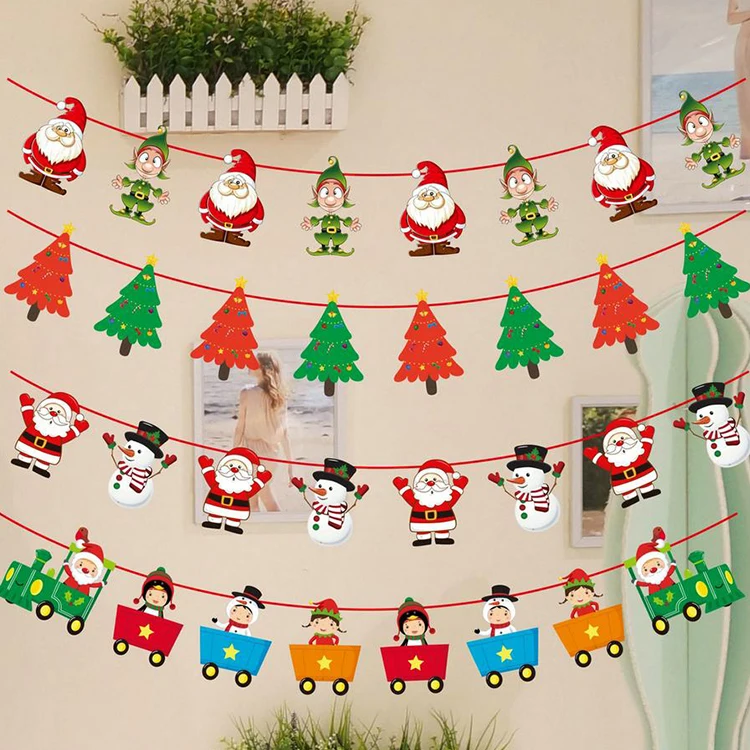 C57 New Year Navidad Christmas Decor 3 Meter Christmas Banners Paper Hanging Flags Santa Deer Xmas Tree Bunting Garland