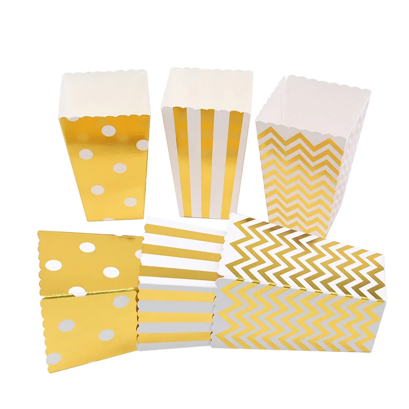 
Fashion Custom Printed Paper Popcorn Box Gold Silver Dot Wave Striped Paper Popcorn Corn-Candy Disposable Box 