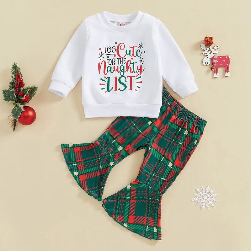 2024 оптовая продажа бутик комплект одежды для девочек толстовка топ и расклешенные штаны с надписью на Рождество одежда