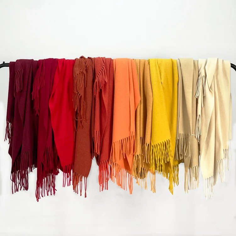 Wholesale high quality winter women knit cashmere scarf long fringe pashmina shawl wool plain hijab neck warmer poncho 52 color