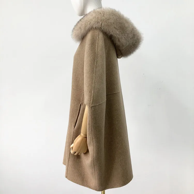 China Manufacturer Winter Women Cashmere Warm Poncho Oversize Long Wool Coats With Genuine Fox Fur