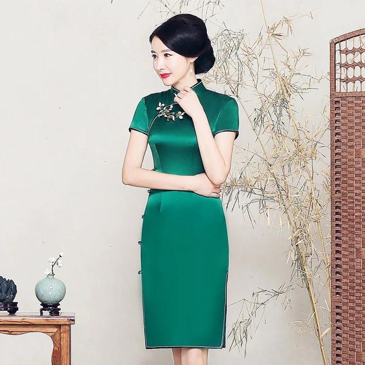 Qipao Женская одежда готовое короткое шелковое зеленое традиционное китайское платье Ципао с коротким рукавом