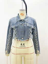 H9834 new ladies trending long sleeve strap casual denim jean jacket