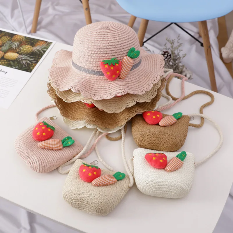 Kids Summer Pink Straw Hat Handbag Set Daisy Patch Lace Flower Band Girls Boater Straw Hats Children Beach Floppy Hat