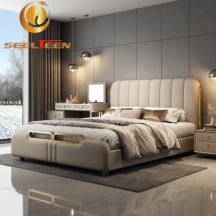 Luxury Bed Room Furniture Genuine Leather Double King Size Bed new home or hotel modern bed