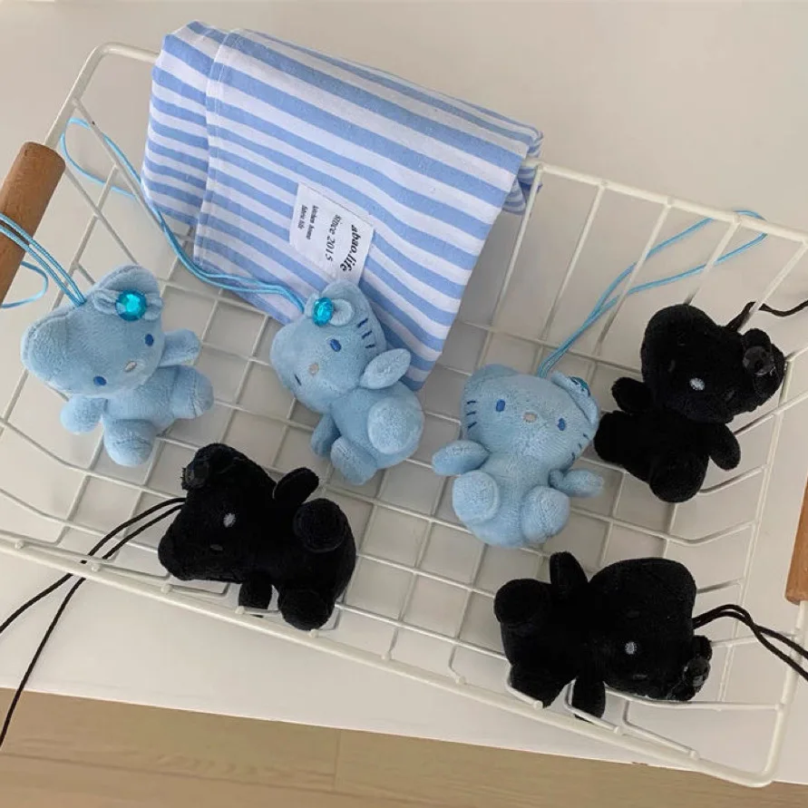 Vintage with diamond cat stuffed toys doll anime schoolbag pendant black and blue skin kt girls gifts mini plush keychain