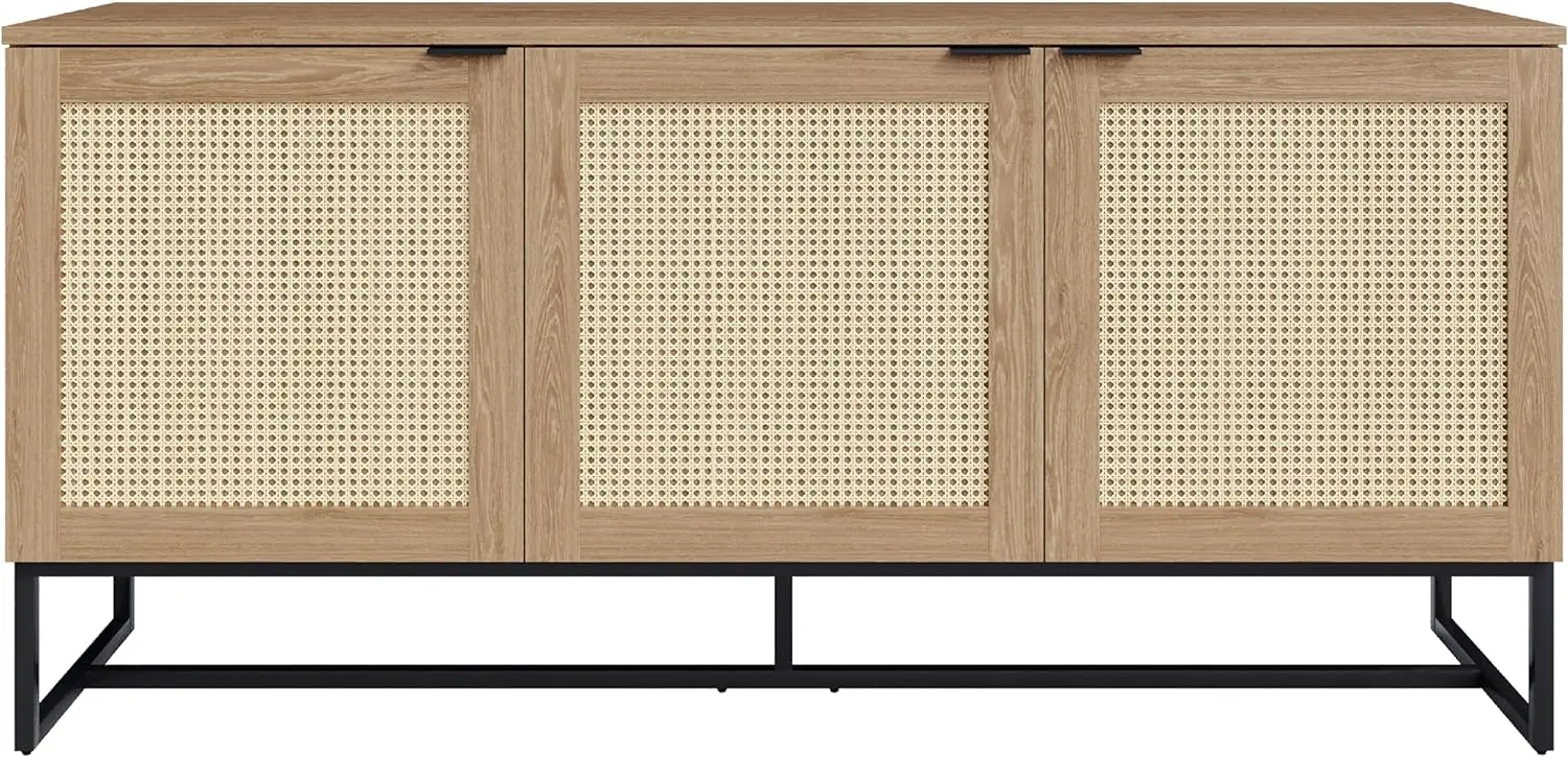 Oak Sideboard Buffet Cabinet, Accent Storage Cabinet with 3 Rattan Doors, Modern Storage Console Table