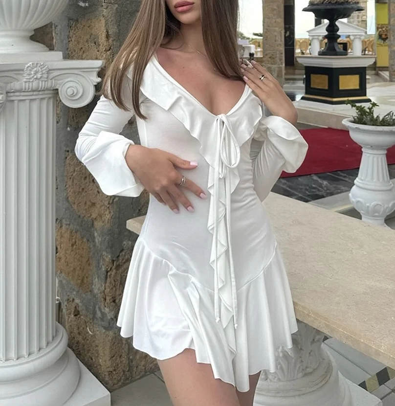 V-Neck White Dresses For Woman Elegant Long Sleeve Ruffled Spring Dresses Asymmetrical Hem Bell Sleeves Mini Dresses
