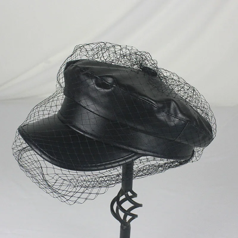 Women PU Leather French Black Beret Hat Causal Beanie Hat Navy Caps