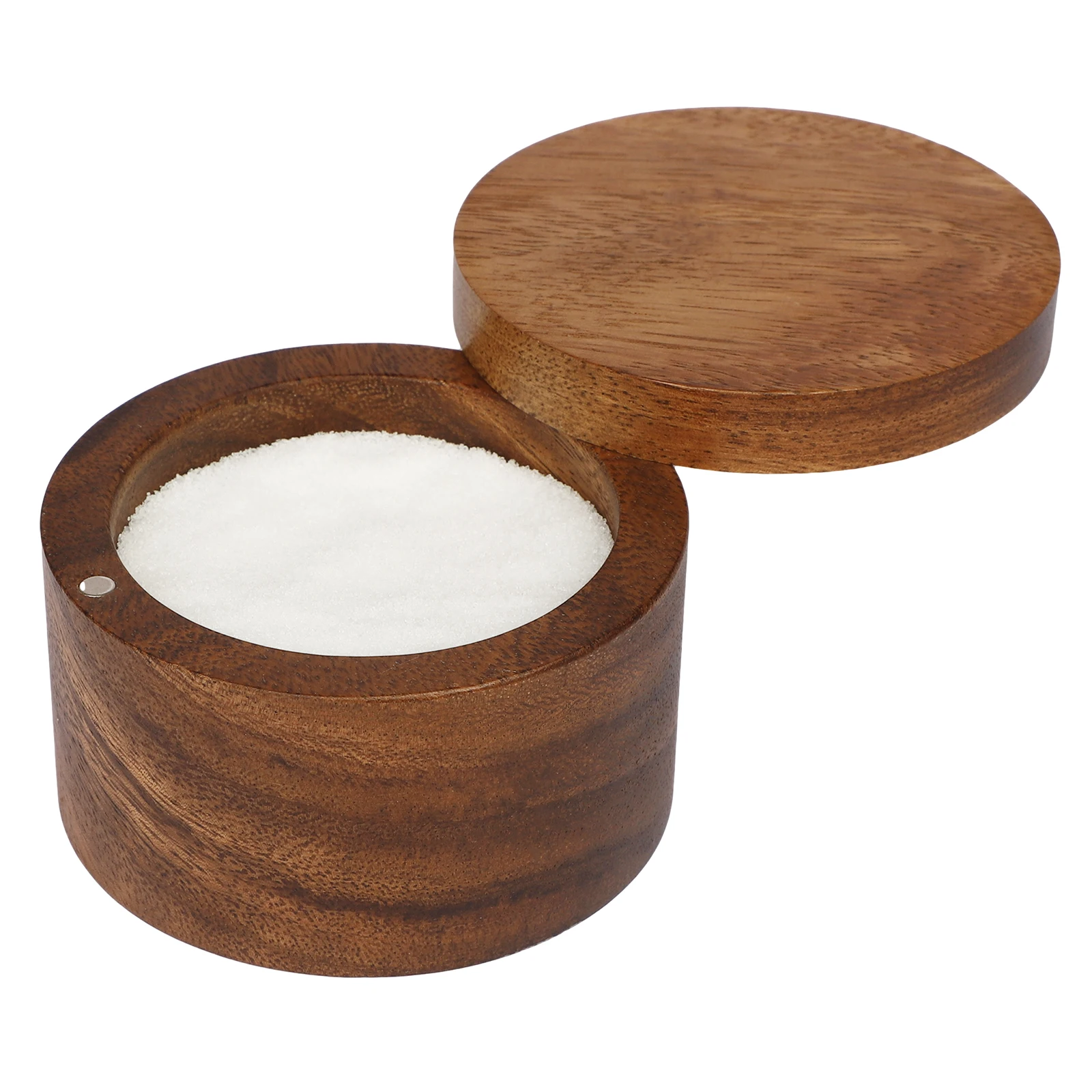 XH Acacia Wood Salt Cellar Bowl Box, Salt Container with Swivel Magnetic Lid for Keeping Table Salt, One piece Wood No Glue