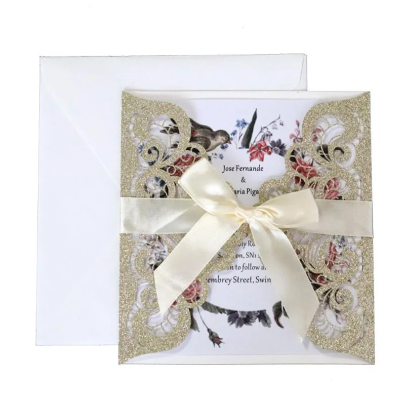 Square Card Invitations Laser Cut Glitter Wedding Card Invitation Greeting Card with Ribbon