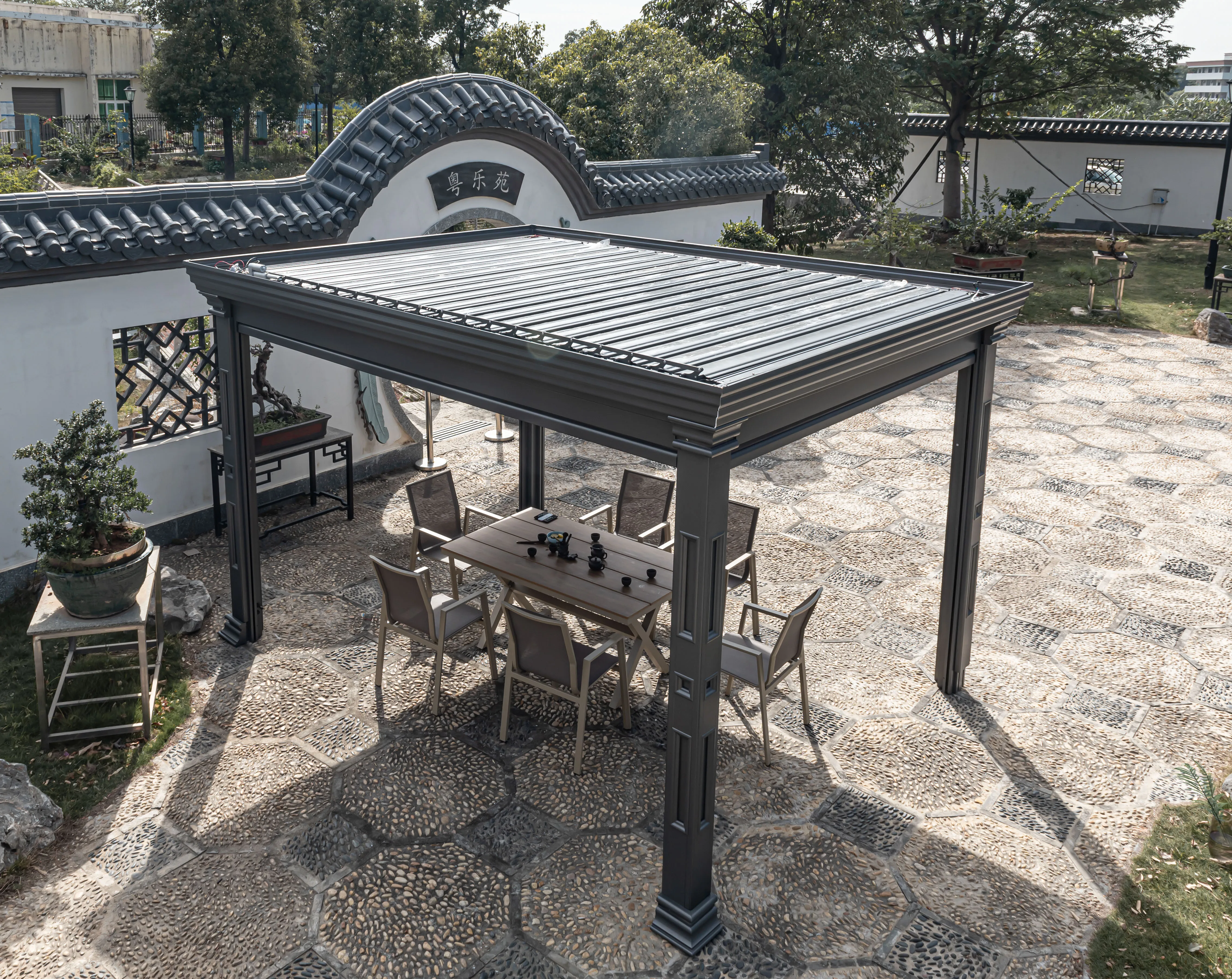 Modern Aluminium Electric Roof Metal Pergola Kits Powder Coated Motorised Outdoor Garden Pergola Alloy Stone Bamboo Frame