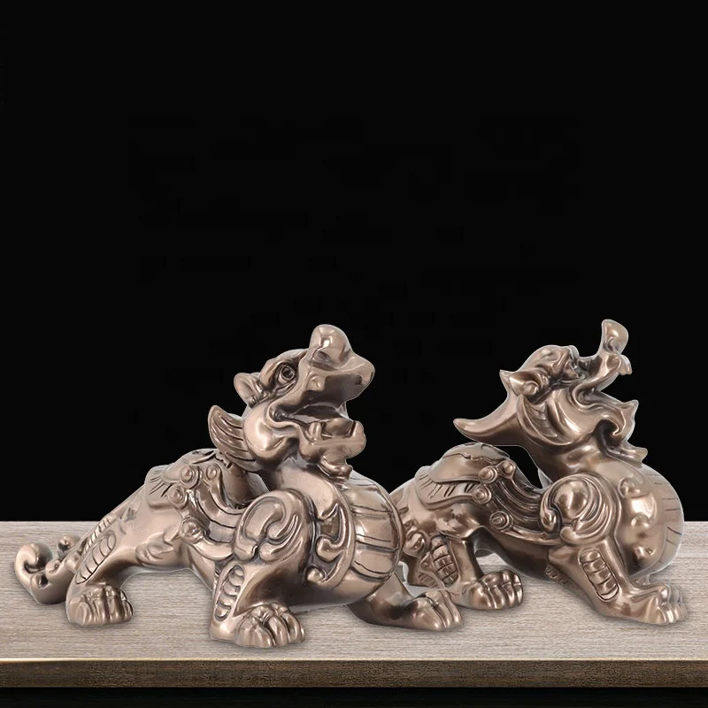 Bulk Sales Chinese Feng Shui Religious Crafts Lucky Mascot Resin Cast Copper Creative Design Pixiu Statue for Office Home Decor