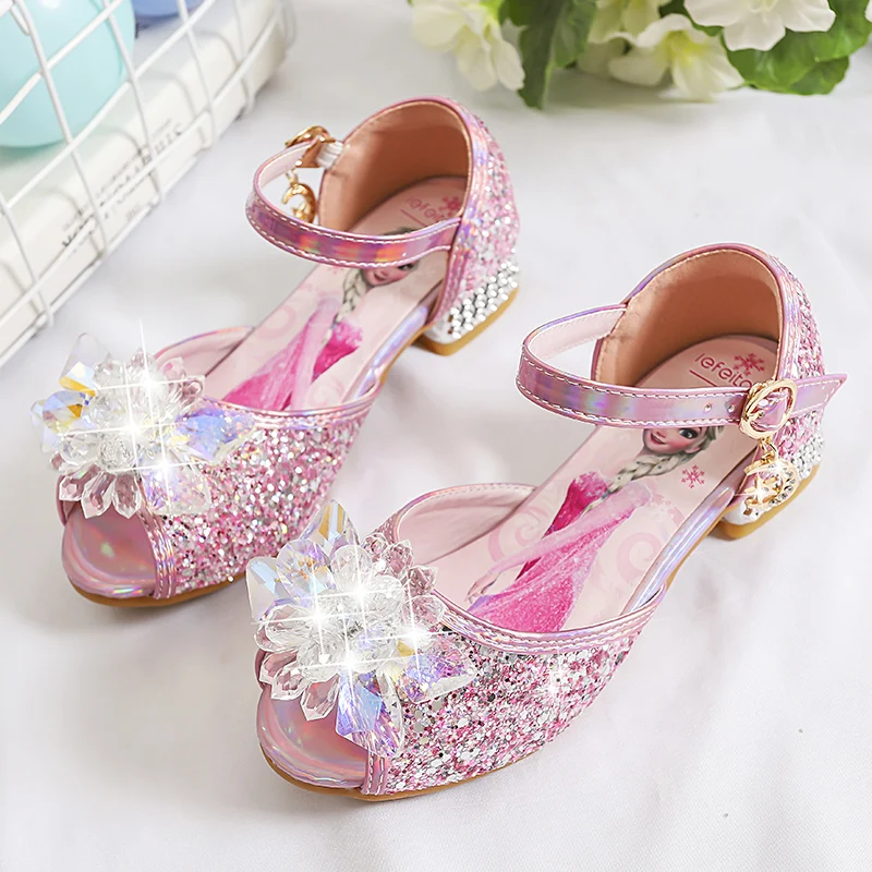 European Style Pink Girls Princess Shoes Bow Children Crystal Shoes Little Girls Shiny Party Dress High Heels