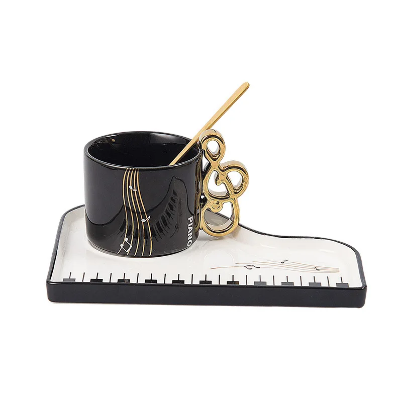 Seaygift unique musical gift set black white piano Porcelain coffee mug 200ml ceramic cup and plate with Gold plated handle