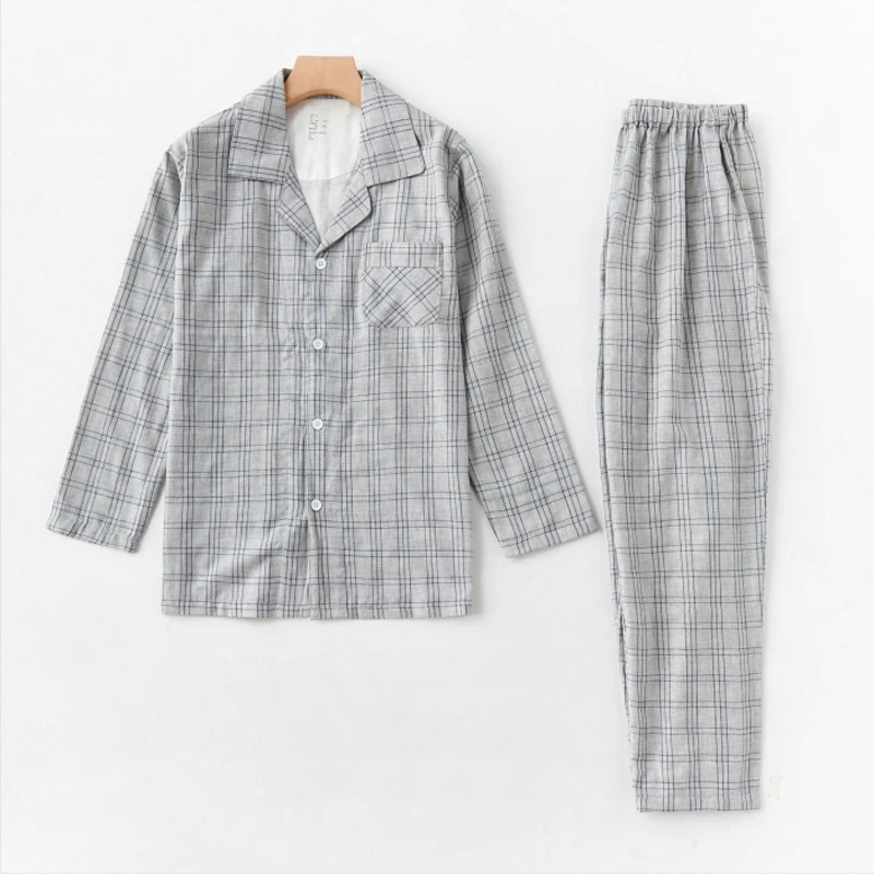 Осенние мужские Бесшовные Топы с длинным рукавом и брюки, пижамный комплект из 100% хлопка для мужчин