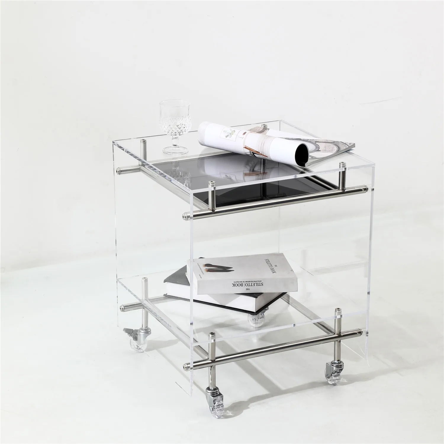 Wholesale Modern Nordic Living Room Minimalist 2 Tier Bedside Transparent Clear Acrylic End Coffee Side Table with Wheels