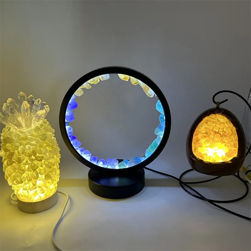Natural Stone Crystal round Lamp Amethyst Quartz Night Light Raw Technique Heart-shaped Figurine for Decorative Gift Craft