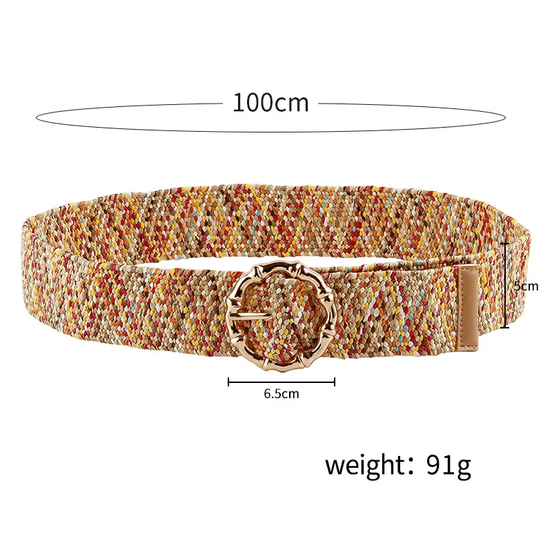 REWIN 2022 New Fashion Muticolr Colorful Wide Elastic Straw Waist Belts With Gold Bamboo Rings Buckle