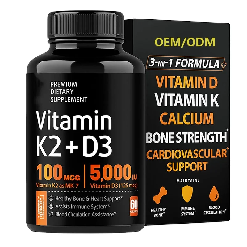 OEM Adult Vitamin K2 D3 Supplement Gluten-Free Soy Capsules Microcrystalline Cellulose Supports Other Vitamins for Children