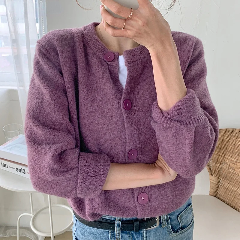 Korea Retro Sweater Tops 2021 Autumn Winter Single-Breasted O-Neck Knitted Coats Female Striped Color Contrast Cardigan Crop Top