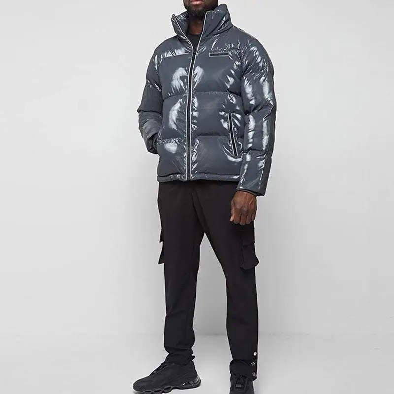 2022 Heavy Hooded High Quality Thick Designer Grey Winter Oem Oversized Logo Custom Men Shiny Puffer Jacket