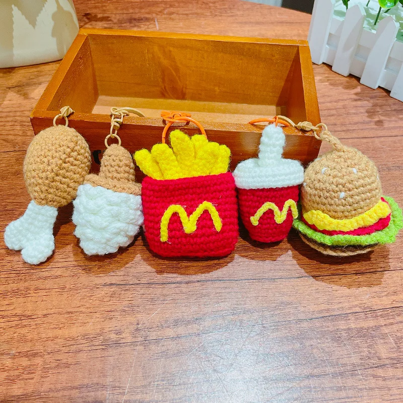 Creative Plush Knitted Burger Coke Keychain Pendant Cute French Fries Ice Cream Plush Keychain Bag Accessories Wholesale