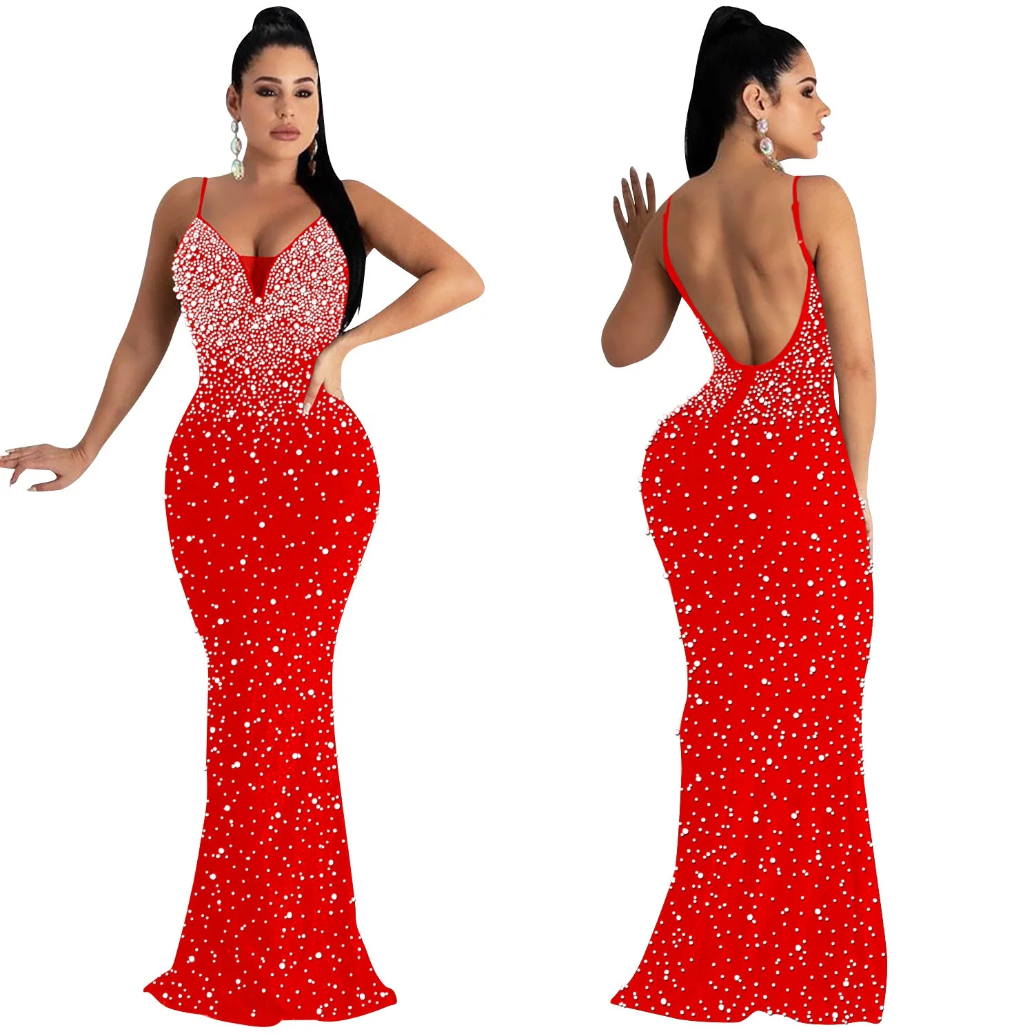 New Arrival Fashion Rhinestone Beaded Dresses Slim Fit Spaghetti Strap Dress Sleeveless Long Party Club Dress
