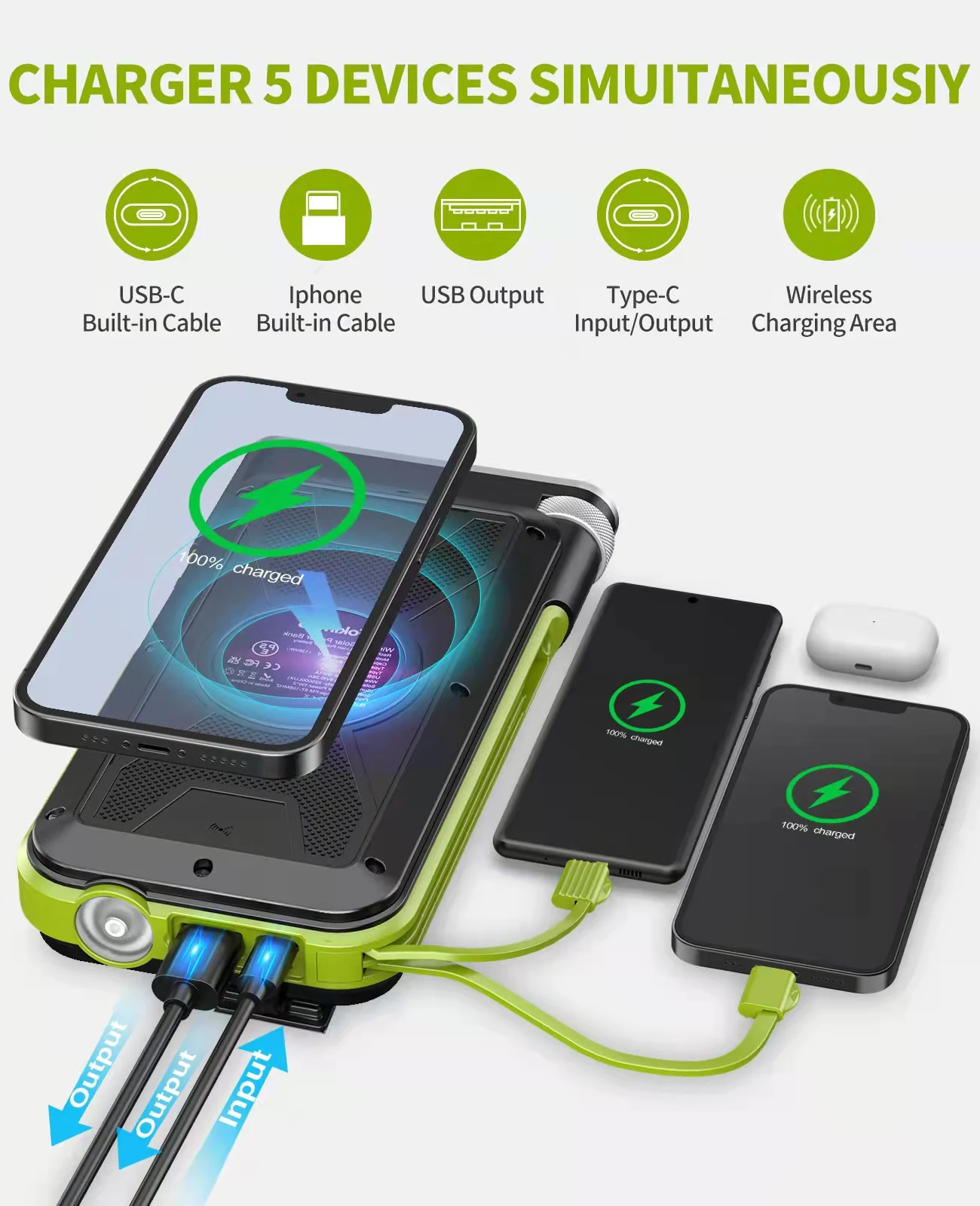 Online New trending 2023 arrivals Splash proof FM radio Wireless charger Mobile Phone Solar power bank with 2 cables